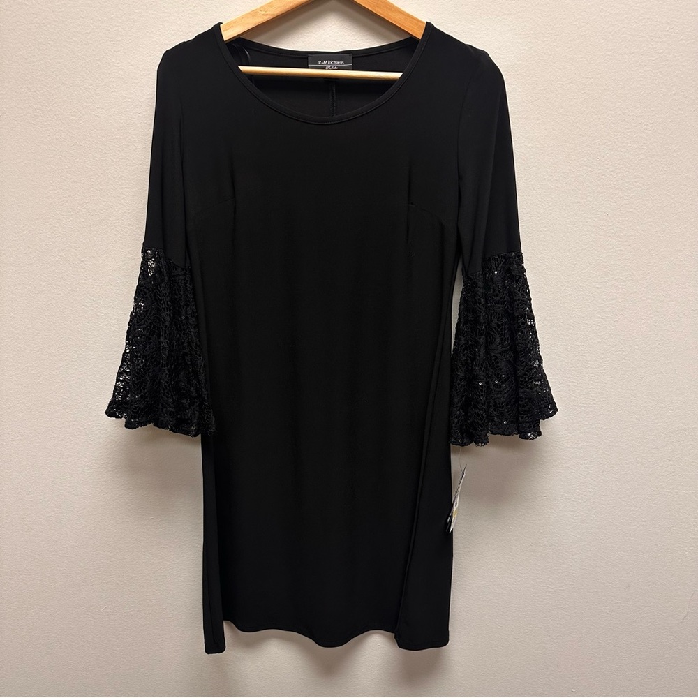 R&M Richards Black Dress‎ Lace Bell Sleeves Womens Sz 4P USA Wedding Formal NWT